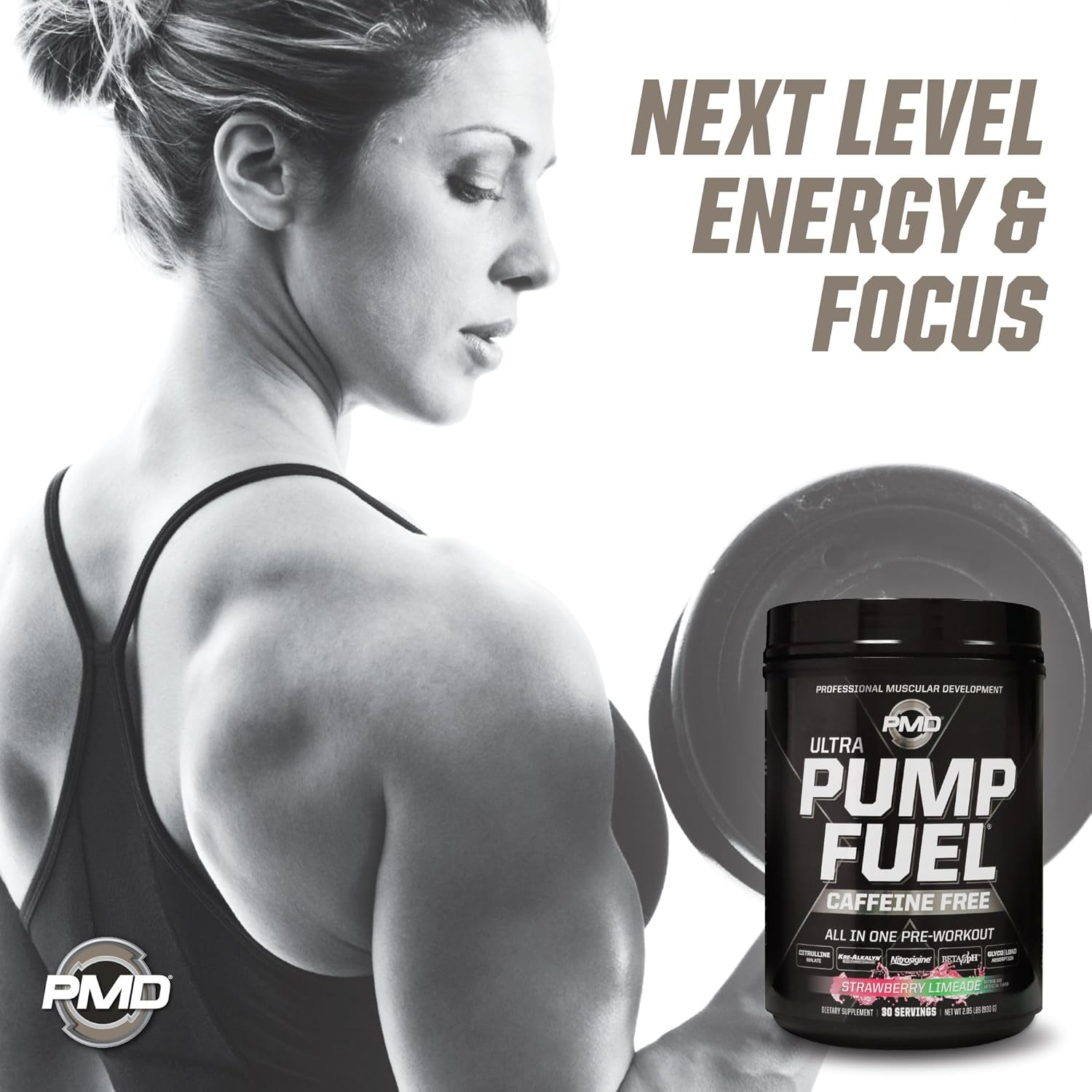 PMD Sports Ultra Pump Fuel Caffeine Free Pre Workout Drink Mix Strawberry Limeade - Energy Strength Endurance Recovery (30 Servings)