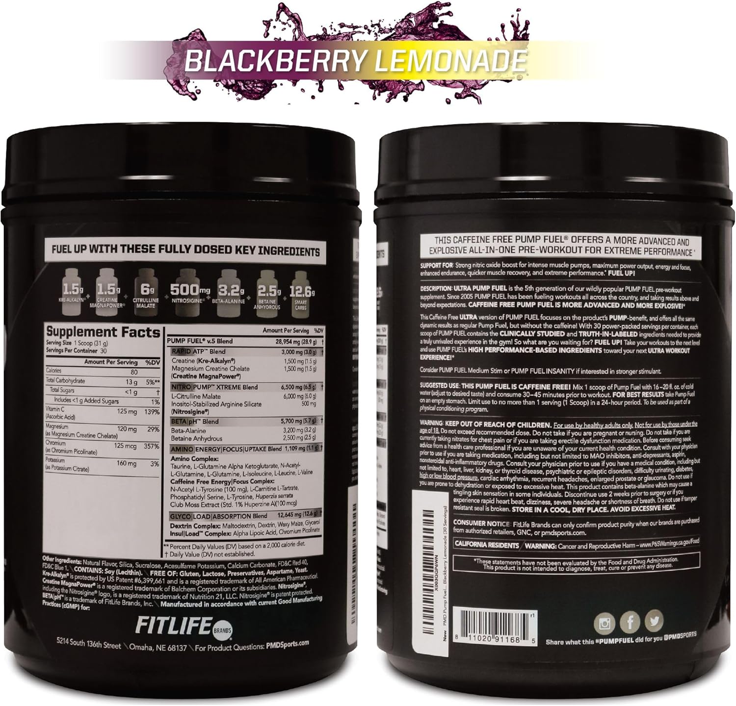PMD Sports Ultra Pump Fuel Caffeine Free Pre Workout Drink Mix BlackBerry Lemonade - Energy Strength Recovery - 30 Servings