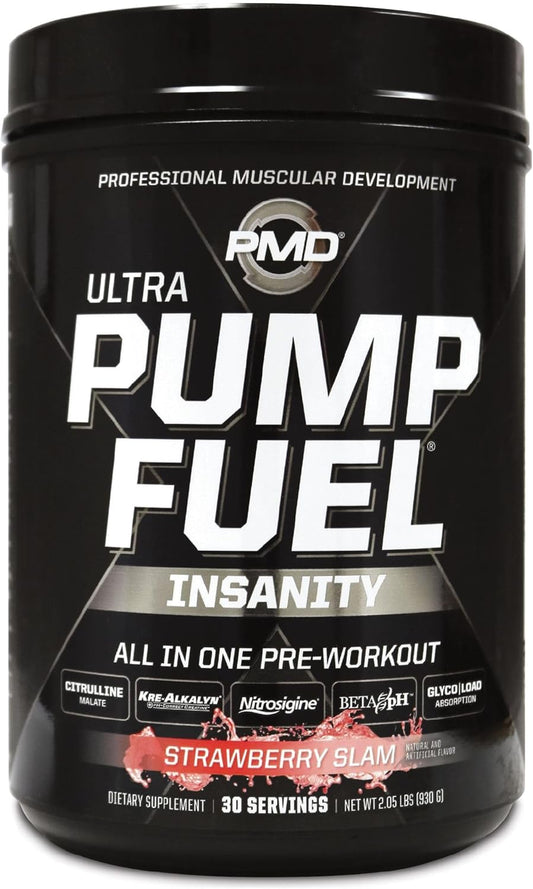 PMD Sports Ultra Pump Fuel Insanity - Strawberry Slam Pre Workout Drink Mix - Boost Energy, Strength, Endurance, Recovery - 30 Servings