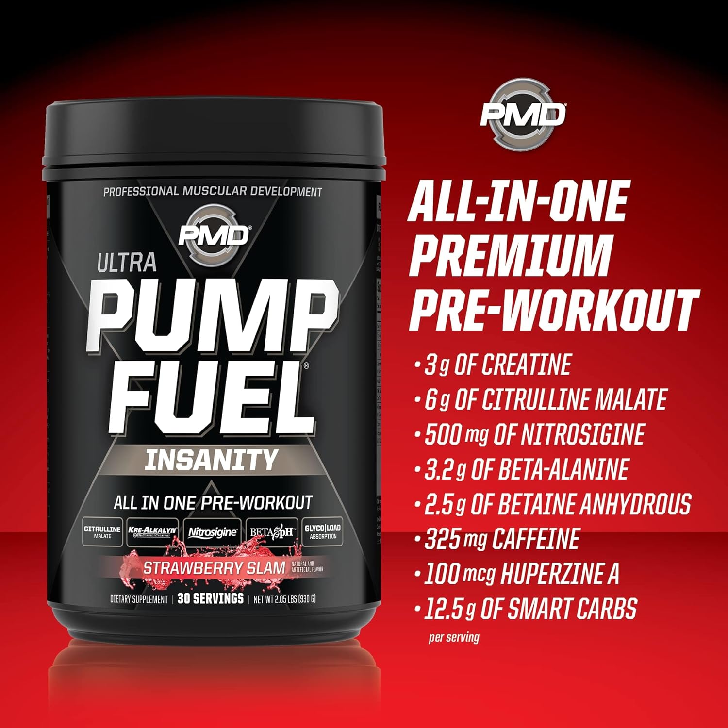 PMD Sports Ultra Pump Fuel Insanity - Strawberry Slam Pre Workout Drink Mix - Boost Energy, Strength, Endurance, Recovery - 30 Servings