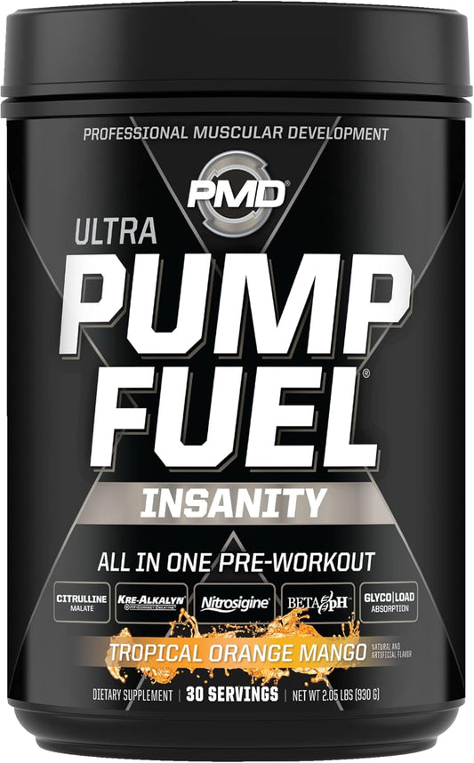 PMD Sports Ultra Pump Fuel Insanity - Tropical Orange Mango Pre Workout Mix for Energy, Strength, Endurance, Recovery - 30 Servings