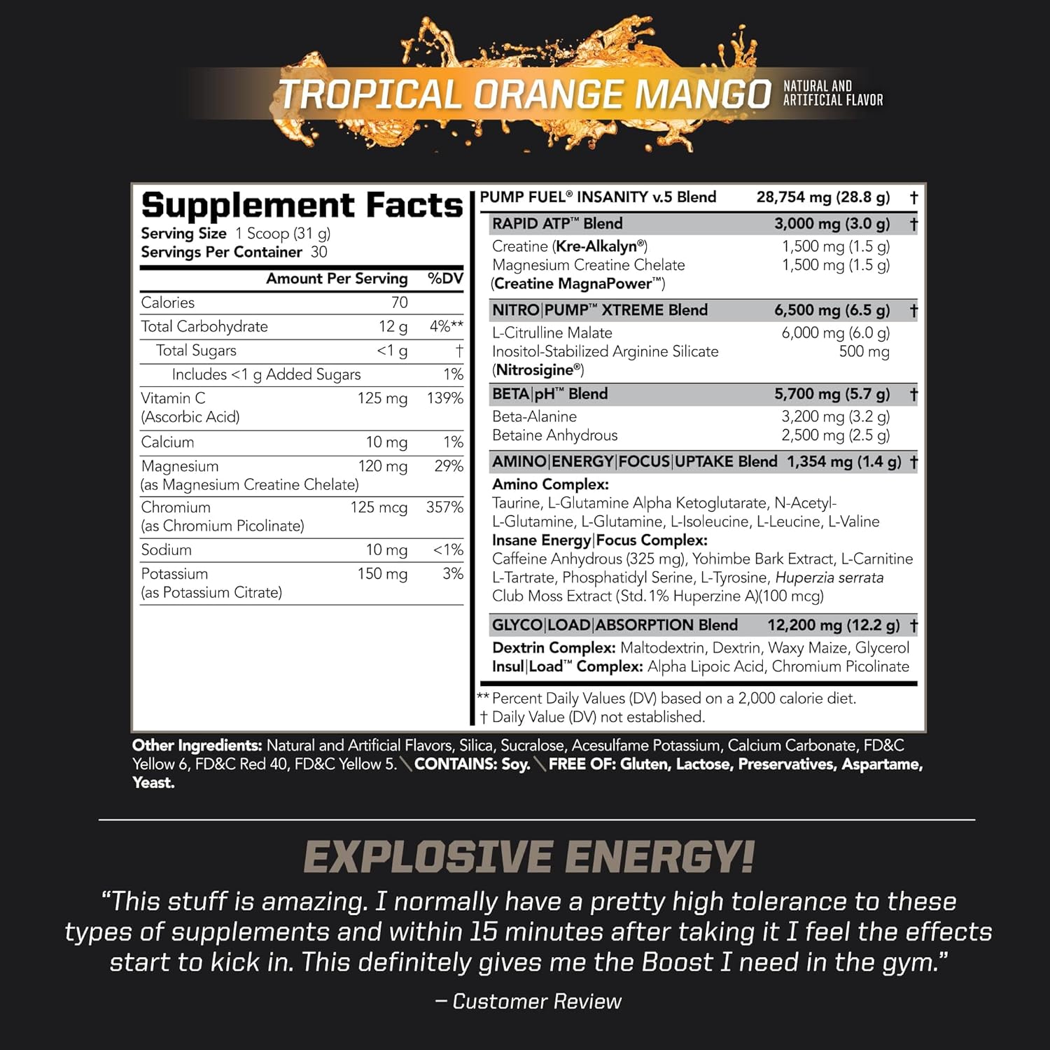 PMD Sports Ultra Pump Fuel Insanity - Tropical Orange Mango Pre Workout Mix for Energy, Strength, Endurance, Recovery - 30 Servings