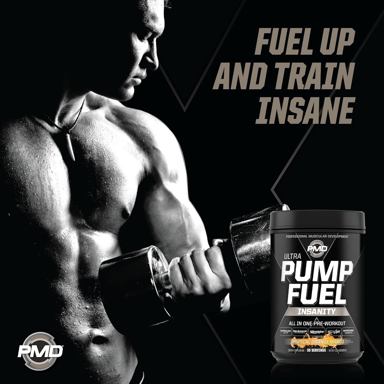PMD Sports Ultra Pump Fuel Insanity - Tropical Orange Mango Pre Workout Mix for Energy, Strength, Endurance, Recovery - 30 Servings