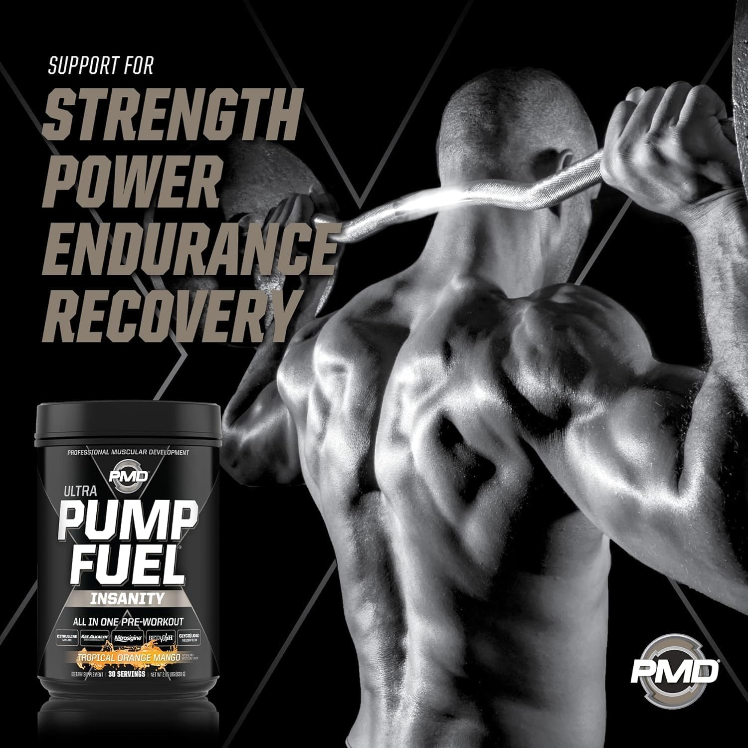 PMD Sports Ultra Pump Fuel Insanity - Tropical Orange Mango Pre Workout Mix for Energy, Strength, Endurance, Recovery - 30 Servings