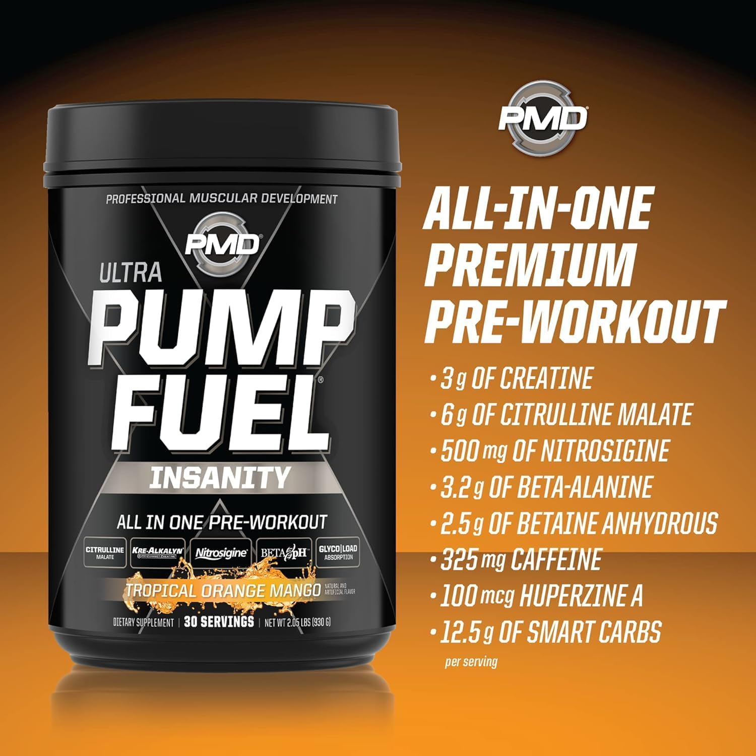 PMD Sports Ultra Pump Fuel Insanity - Tropical Orange Mango Pre Workout Mix for Energy, Strength, Endurance, Recovery - 30 Servings