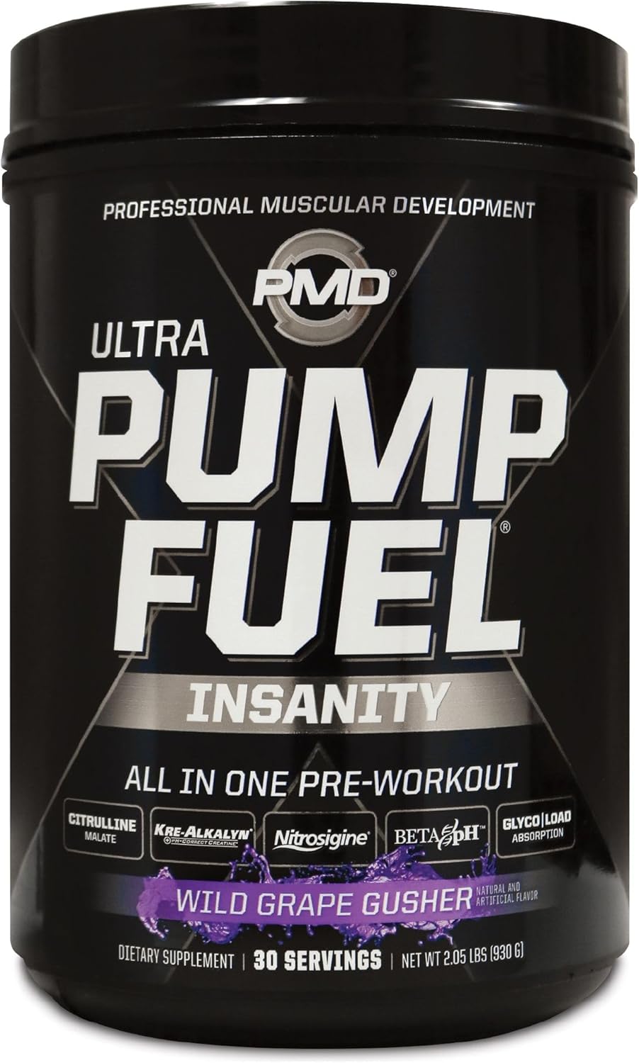 PMD Sports Ultra Pump Fuel Insanity: Pre Workout Energy Drink with Complex Carbs and Amino Energy - Wild Grape Flavor (30 Servings)