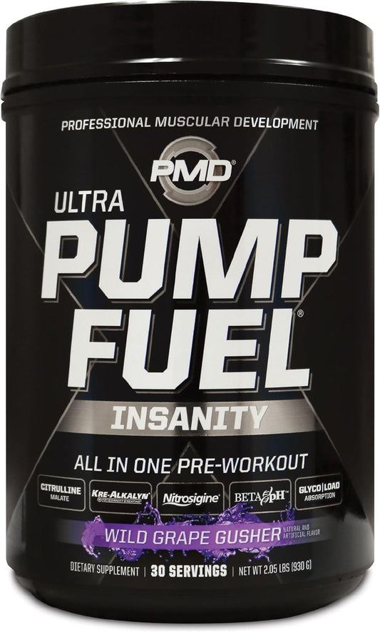 PMD Sports Ultra Pump Fuel Insanity: Pre Workout Energy Drink with Complex Carbs and Amino Energy - Wild Grape Flavor (30 Servings)