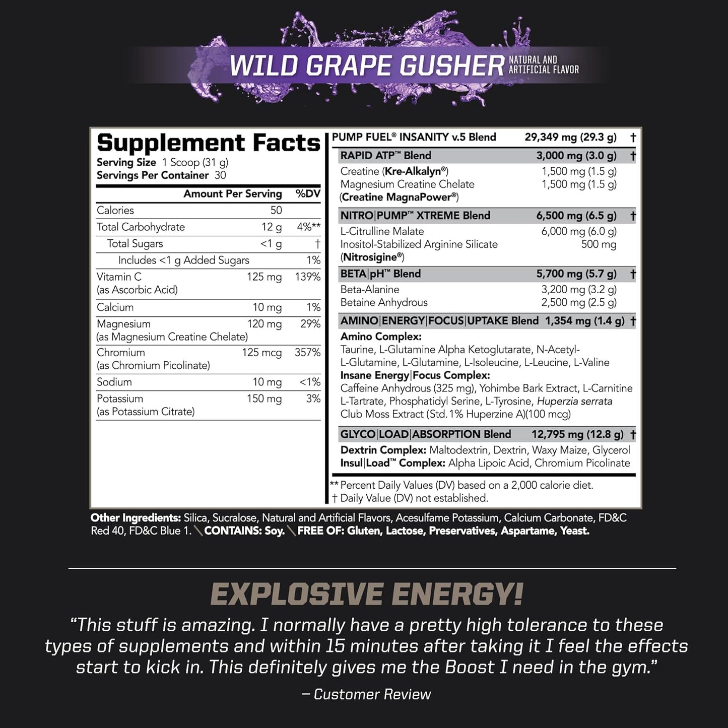PMD Sports Ultra Pump Fuel Insanity: Pre Workout Energy Drink with Complex Carbs and Amino Energy - Wild Grape Flavor (30 Servings)