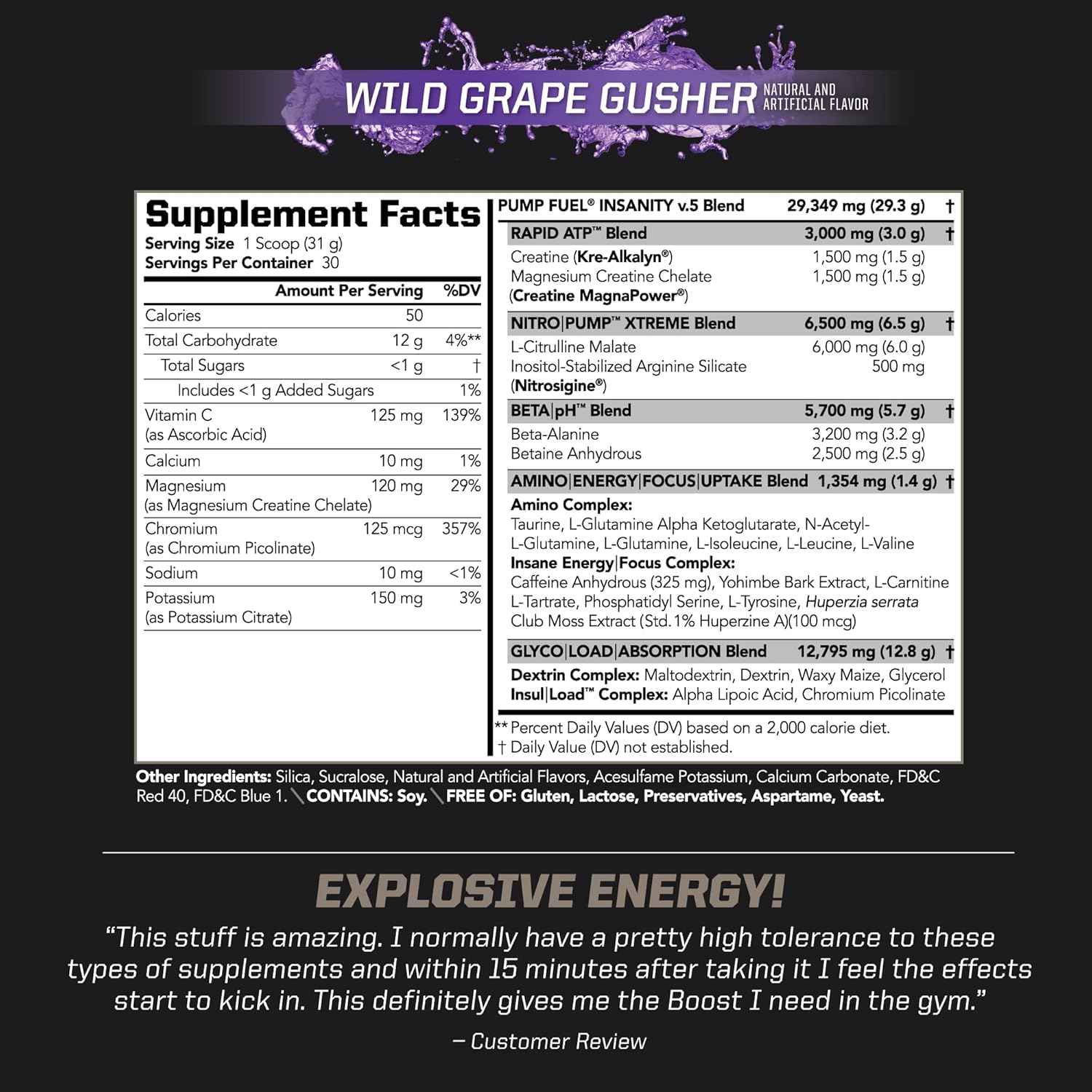 PMD Sports Ultra Pump Fuel Insanity: Pre Workout Energy Drink with Complex Carbs and Amino Energy - Wild Grape Flavor (30 Servings)