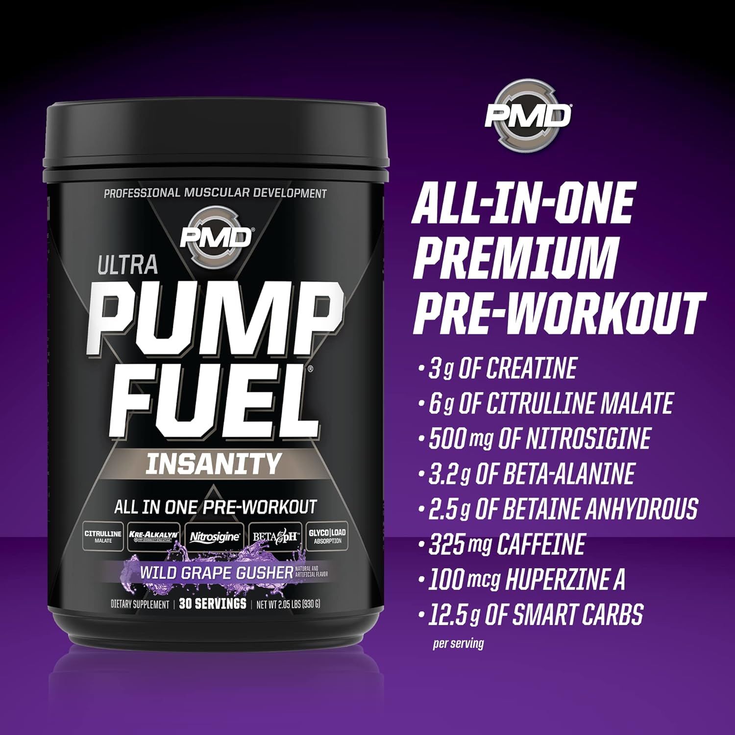 PMD Sports Ultra Pump Fuel Insanity: Pre Workout Energy Drink with Complex Carbs and Amino Energy - Wild Grape Flavor (30 Servings)