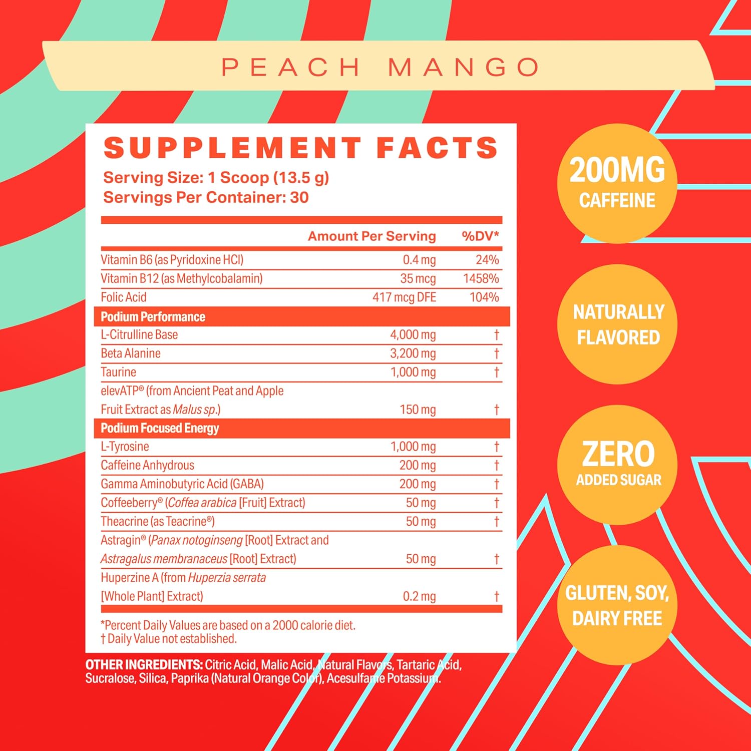 Podium Nutrition Peach Mango Pre Workout Powder - 30 Servings with Beta Alanine and Caffeine for Energy - Gluten, Soy, and Dairy Free