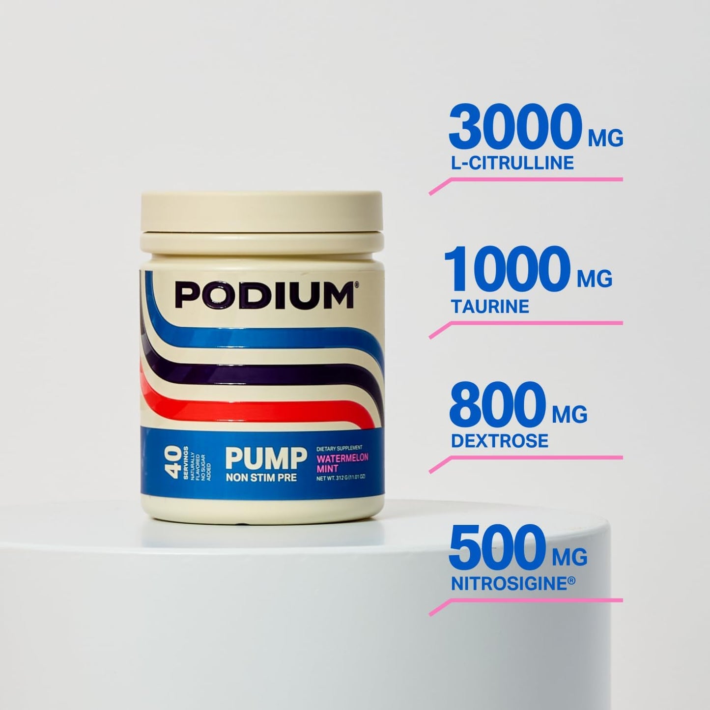 Podium Nutrition Pump Stimulant-Free Pre-Workout Supplement - 40 Servings Watermelon Mint Flavor