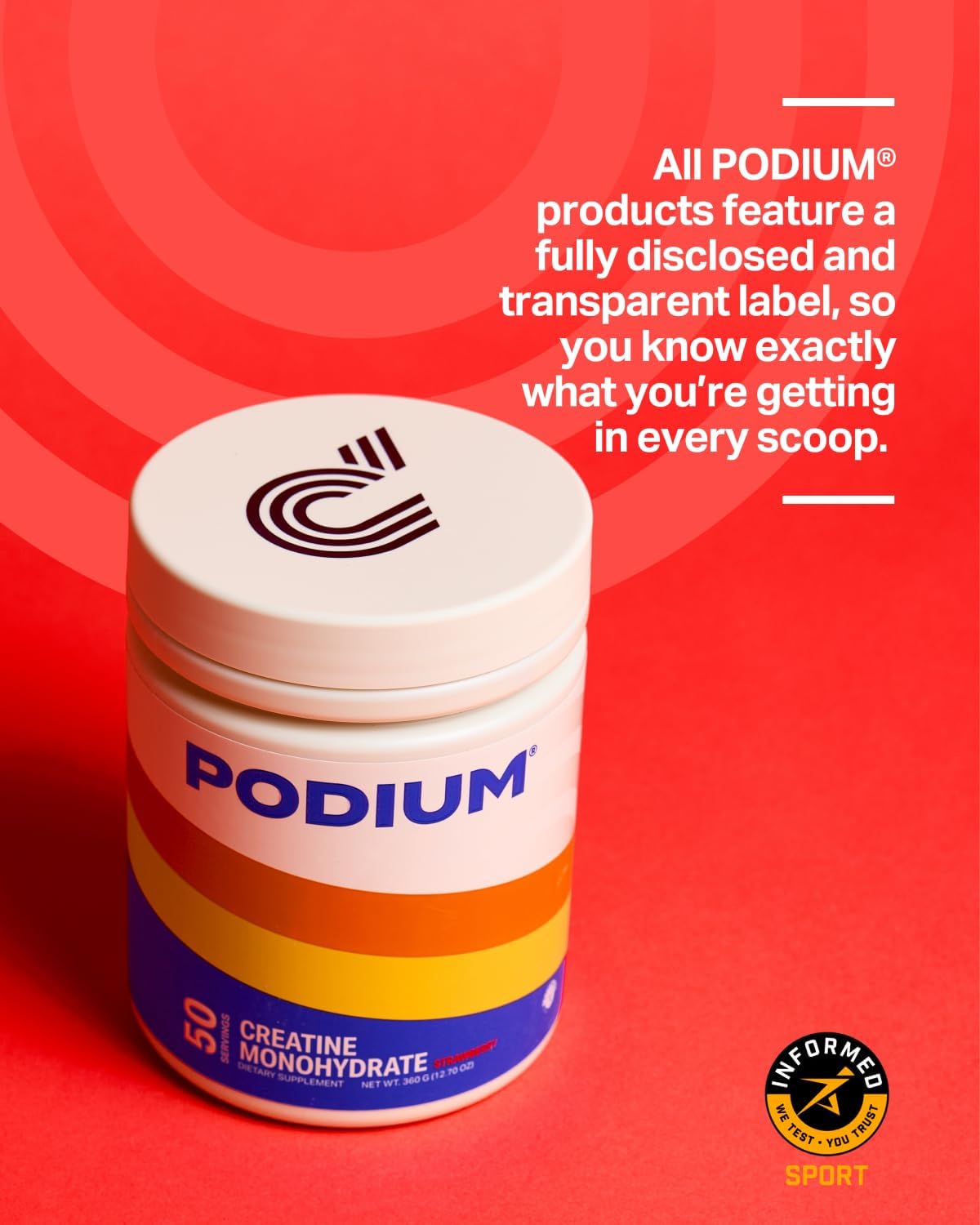 Podium Nutrition Solos Creatine Monohydrate Supplement - 50 Servings, Strawberry Flavor for Enhanced Athletic Performance
