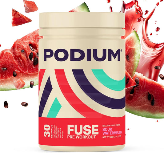 Podium Nutrition Sour Watermelon Pre Workout Powder - 30 Servings, Beta Alanine & Caffeine, Gluten/Soy/Dairy Free