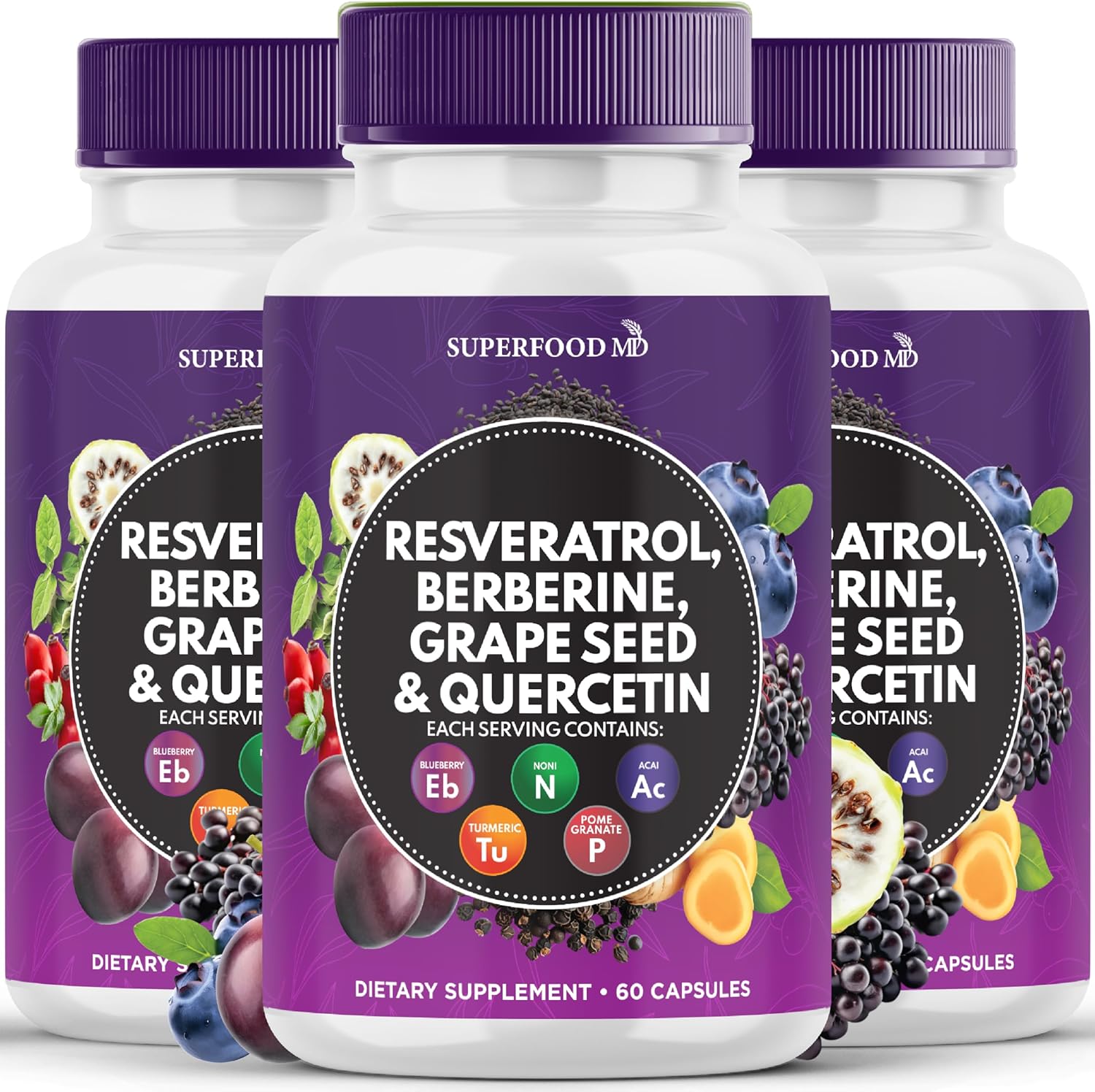 Polyphenol Superfood Supplement with Resveratrol, Berberine, and Grape Seed Extract - 180 Capsules - Made in the USA