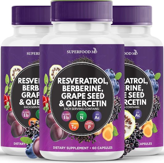Polyphenol Superfood Supplement with Resveratrol, Berberine, and Grape Seed Extract - 180 Capsules - Made in the USA