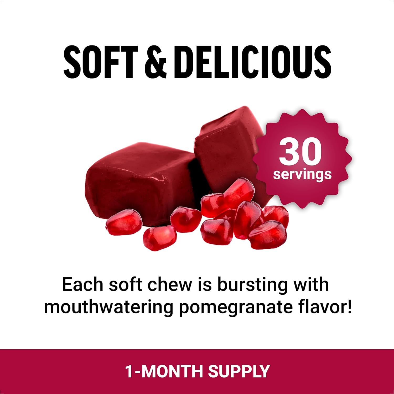 Pomegranate Soft Chews with Superfood Antioxidants for Healthy Aging, Heart, Bone, and Brain Health - 30 Chews, Non-GMO, Gluten-Free, Vegan