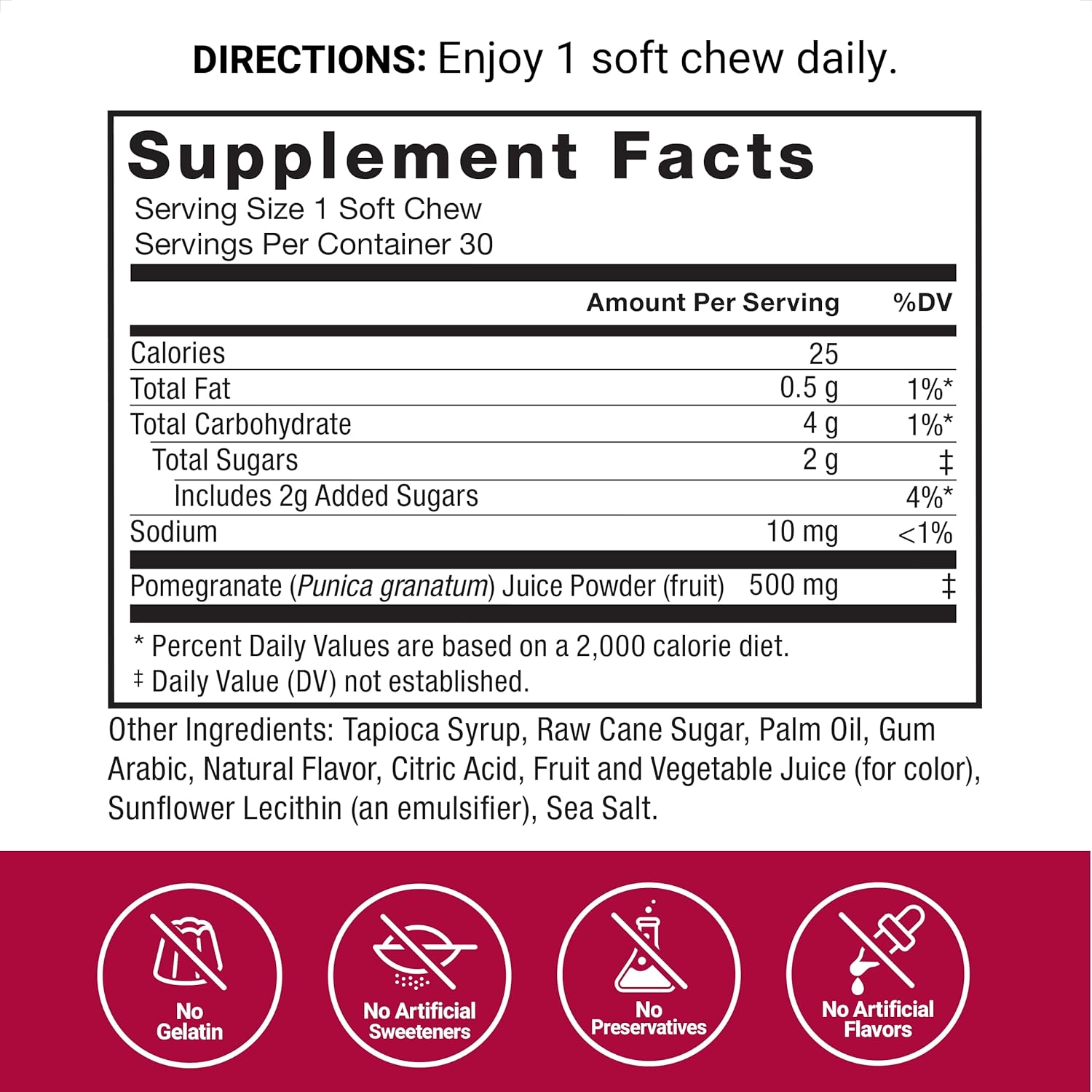 Pomegranate Soft Chews with Superfood Antioxidants for Healthy Aging, Heart, Bone, and Brain Health - 30 Chews, Non-GMO, Gluten-Free, Vegan