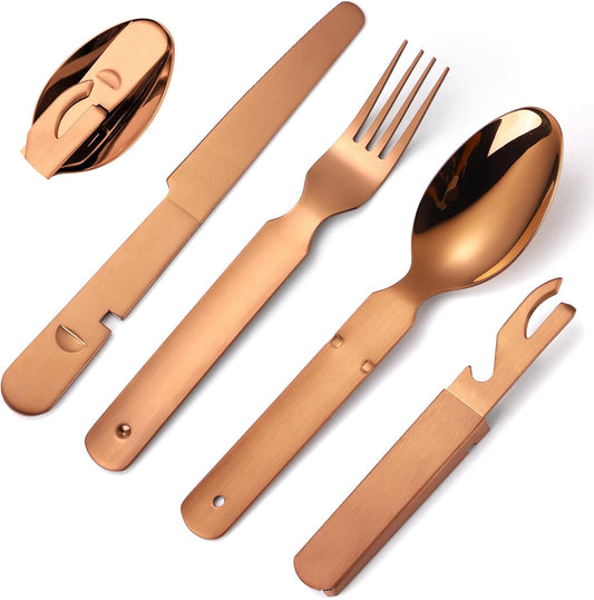 Portable Camping Silverware Set - Stainless Steel Flatware with Knife, Fork, Spoon, and Bottle Opener - Lightweight Travel Utensils for Outdoor Dining