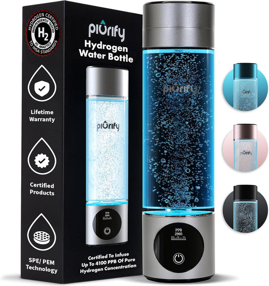 Portable Hydrogen Water Bottle Generator - Up to 4100+ PPB Concentration - Certified SPE/PEM Technology - Athletic Performance & Hydration - 6-Hour Hydrogen Retention - Silver