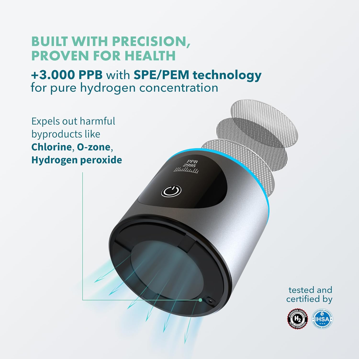 Portable Hydrogen Water Bottle Generator - Up to 4100+ PPB Concentration - Certified SPE/PEM Technology - Athletic Performance & Hydration - 6-Hour Hydrogen Retention - Silver