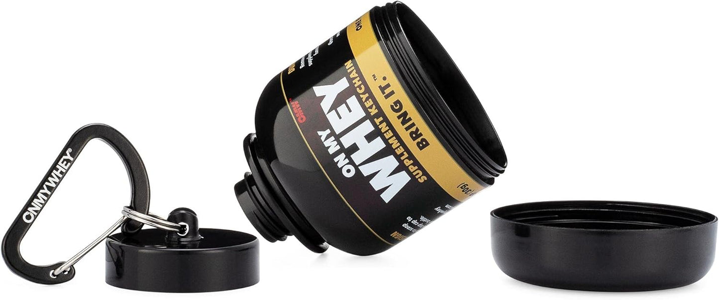 Portable ONMYWHEY Protein Powder Container with Travel Water Bottle Funnel - Mini Pre Workout Supplement Holder & Dispenser Keychain Bottle