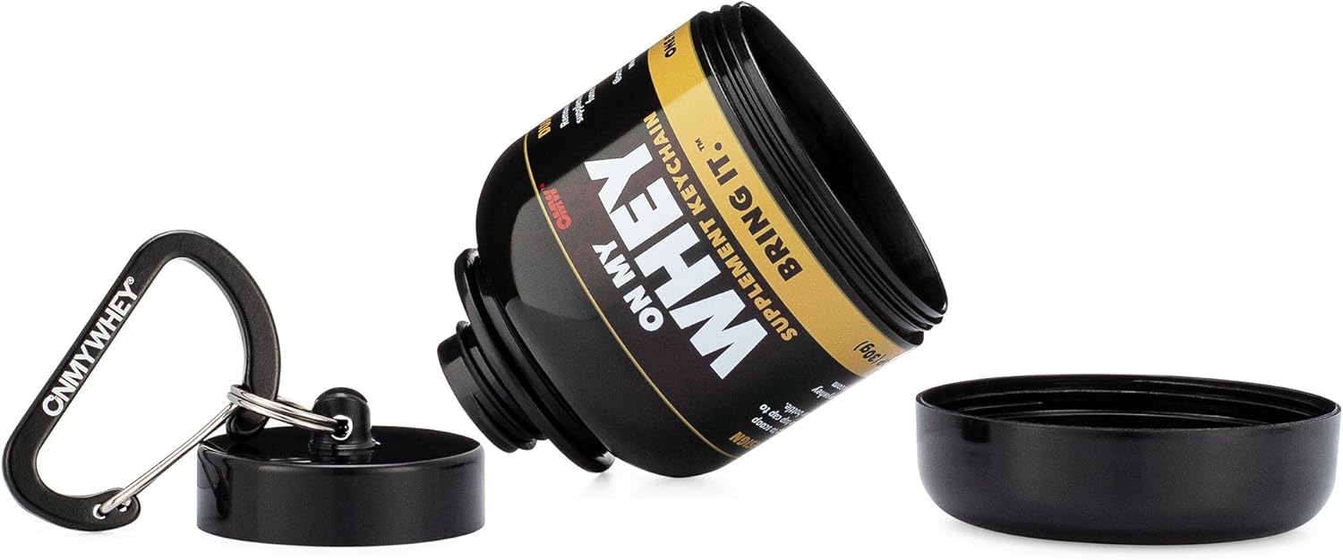 Portable ONMYWHEY Protein Powder Container with Travel Water Bottle Funnel - Mini Pre Workout Supplement Holder & Dispenser Keychain Bottle