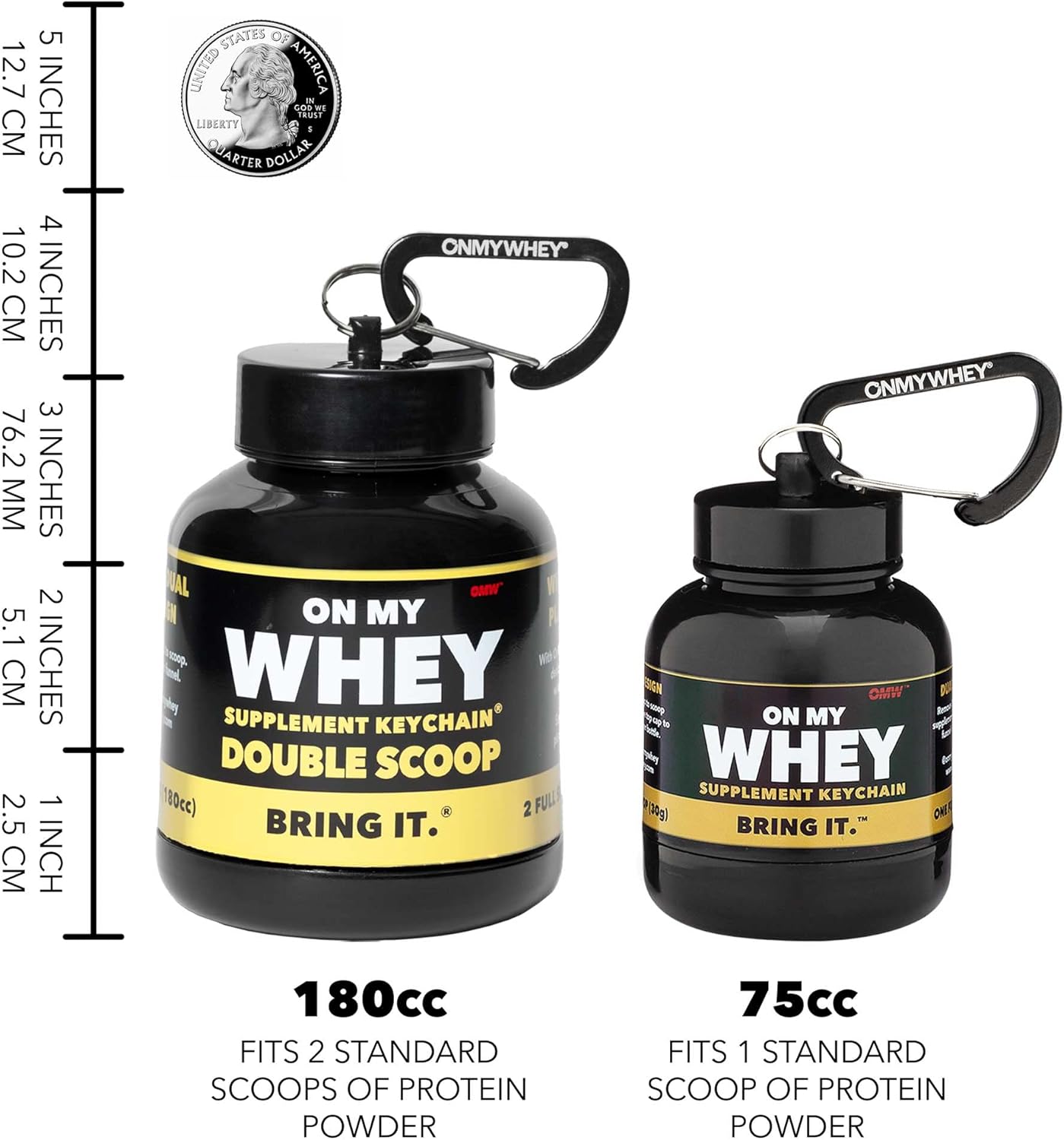 Portable ONMYWHEY Protein Powder Container with Travel Water Bottle Funnel - Mini Pre Workout Supplement Holder & Dispenser Keychain Bottle