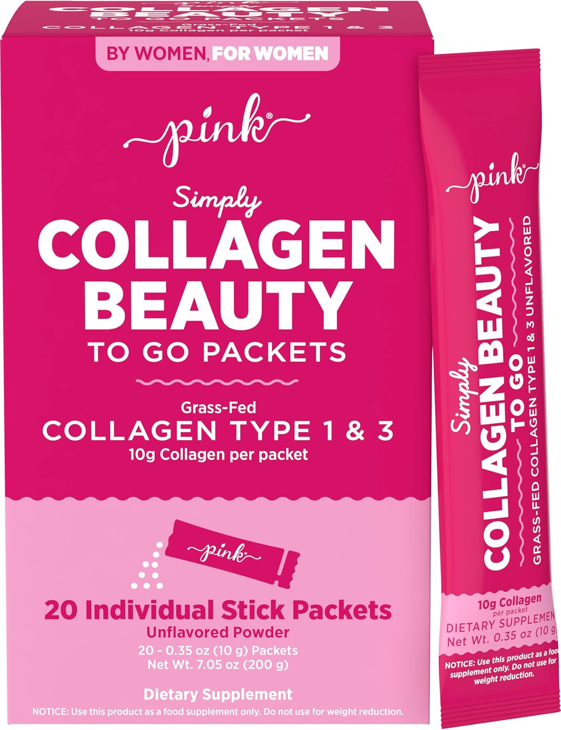 Portable PINK Collagen Powder | 20 Travel Packets | Unflavored Type 1 & 3 | Gluten-Free & Non-GMO Grass Fed Peptides