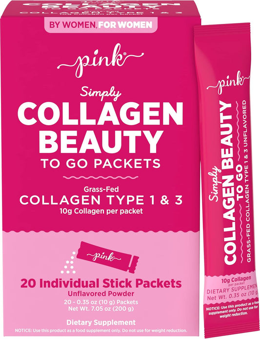 Portable PINK Collagen Powder | 20 Travel Packets | Unflavored Type 1 & 3 | Gluten-Free & Non-GMO Grass Fed Peptides