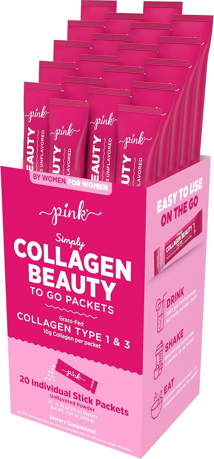 Portable PINK Collagen Powder | 20 Travel Packets | Unflavored Type 1 & 3 | Gluten-Free & Non-GMO Grass Fed Peptides