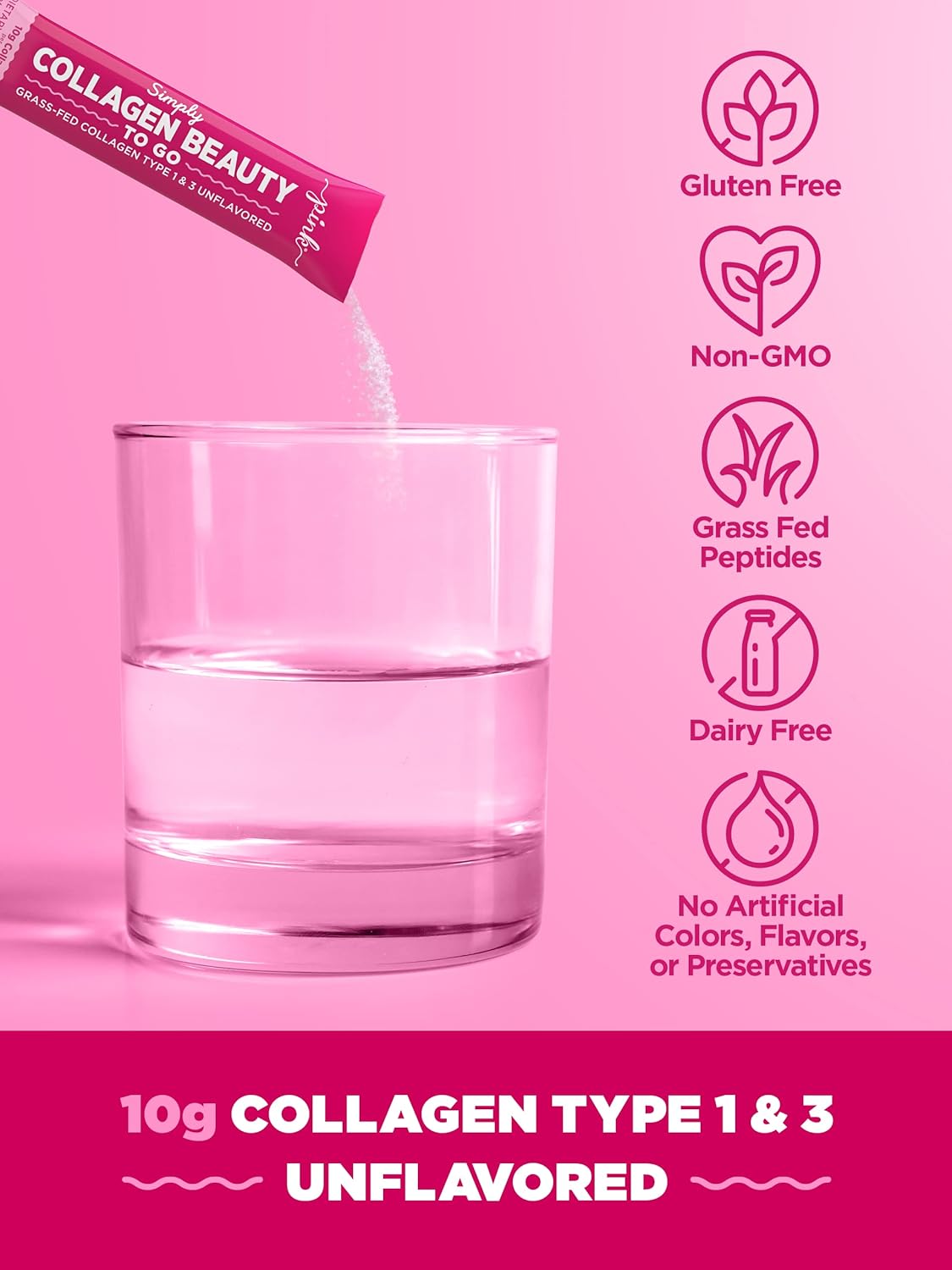 Portable PINK Collagen Powder | 20 Travel Packets | Unflavored Type 1 & 3 | Gluten-Free & Non-GMO Grass Fed Peptides