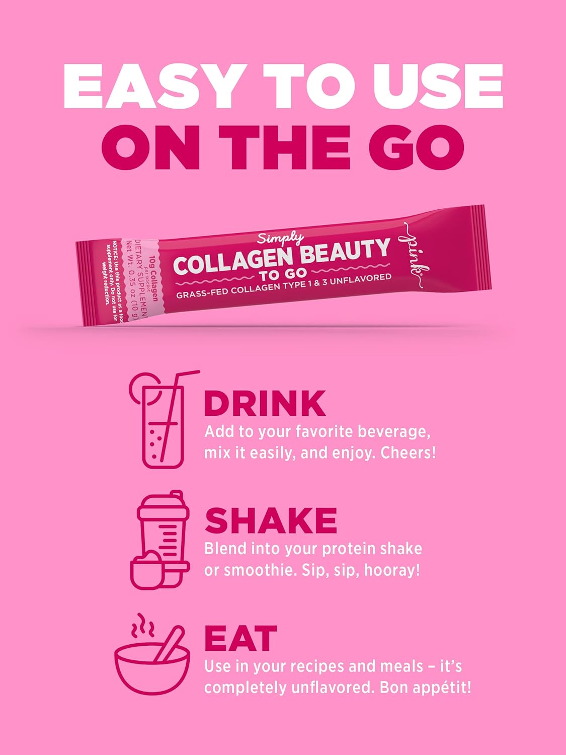 Portable PINK Collagen Powder | 20 Travel Packets | Unflavored Type 1 & 3 | Gluten-Free & Non-GMO Grass Fed Peptides