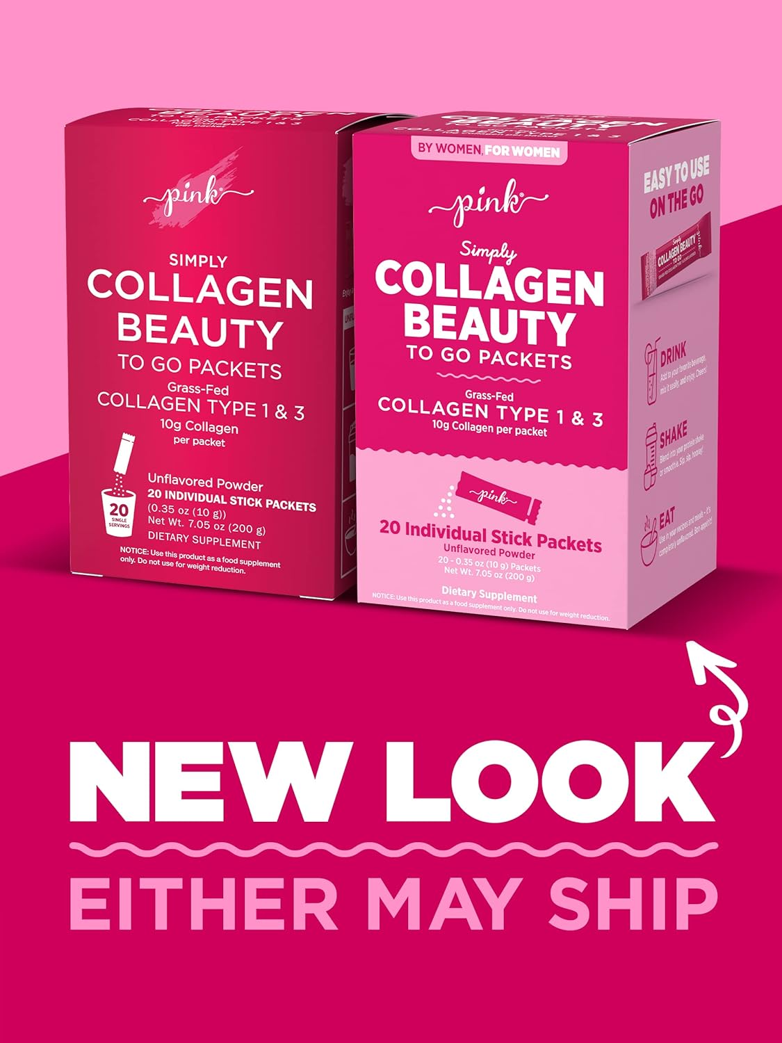 Portable PINK Collagen Powder | 20 Travel Packets | Unflavored Type 1 & 3 | Gluten-Free & Non-GMO Grass Fed Peptides
