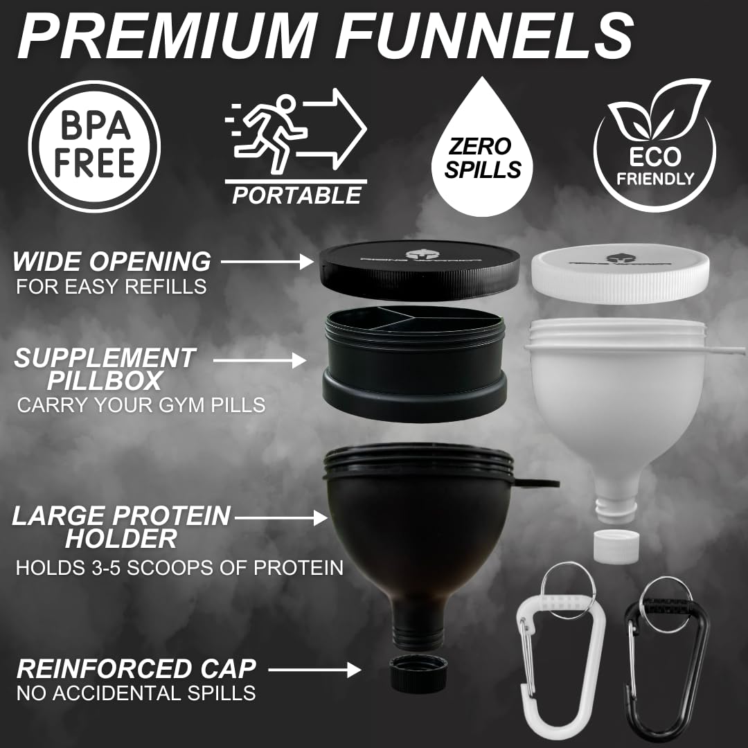 Portable Protein Powder Water Bottle Funnel Bundle - Small & Large Sizes | Ideal for Pre-Workout, BCAA's, Protein Powder | Keychain Supplement Container for On-the-Go