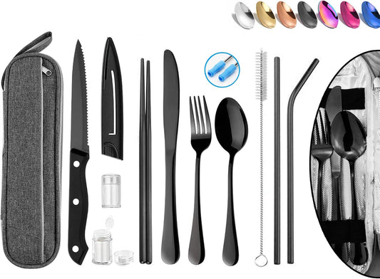 Portable Reusable Travel Utensils Set with Case - Stainless Steel Camping Cutlery, Chopsticks, Straw - Flatware Set for On-the-Go - Black