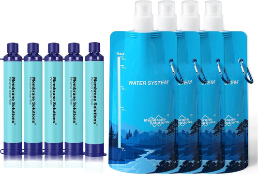 Portable Squeezable Water Filtration System with Filter Straw and Collapsible Bottle for Hiking and Camping