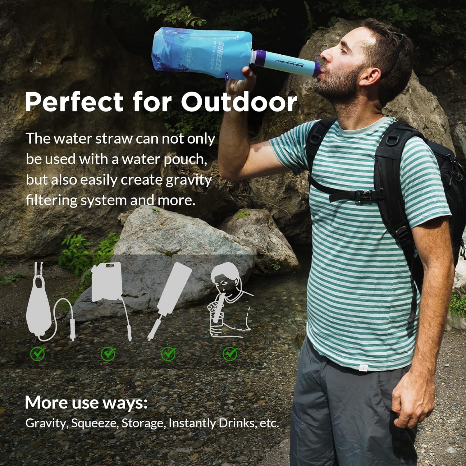 Portable Squeezable Water Filtration System with Filter Straw and Collapsible Bottle for Hiking and Camping