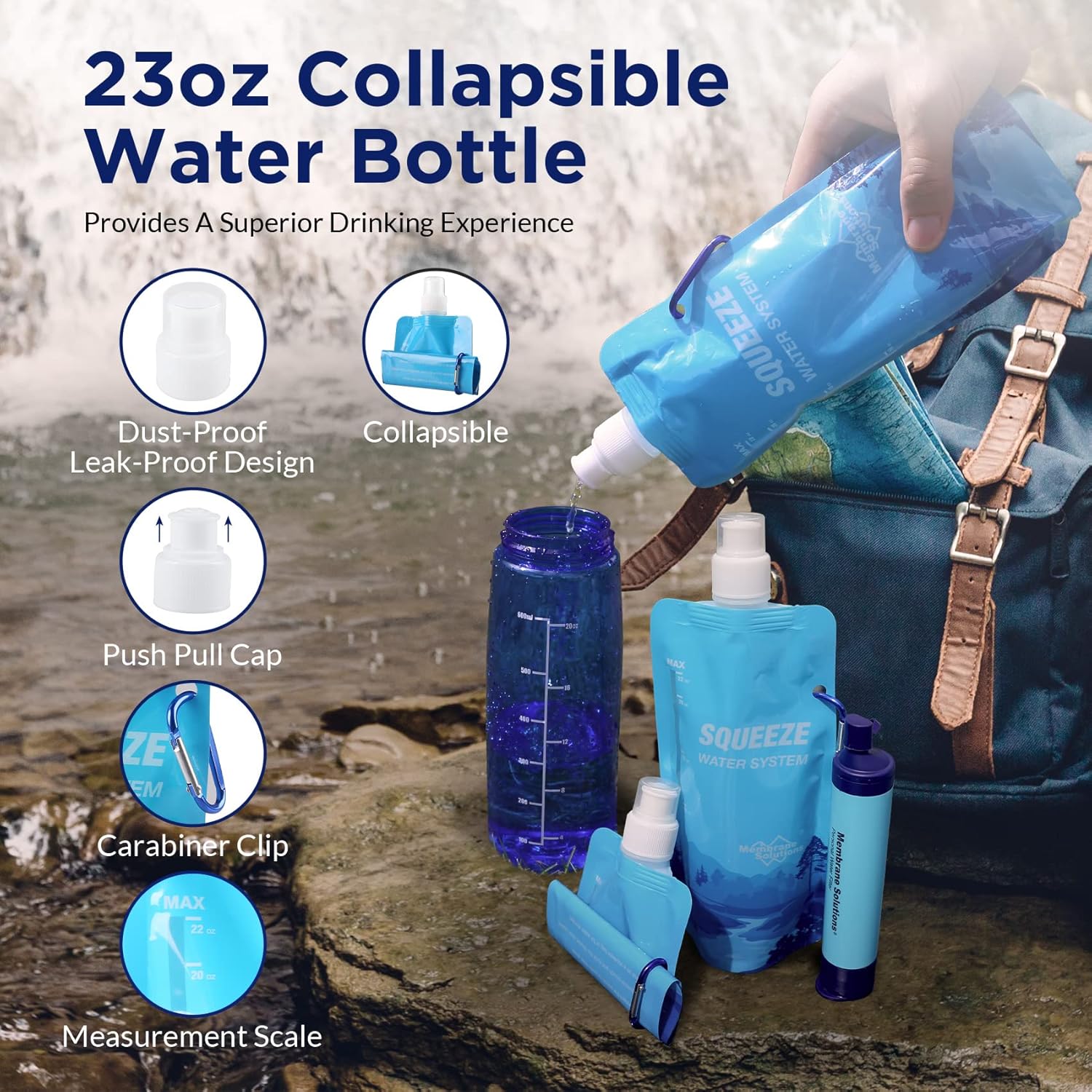 Portable Squeezable Water Filtration System with Filter Straw and Collapsible Bottle for Hiking and Camping
