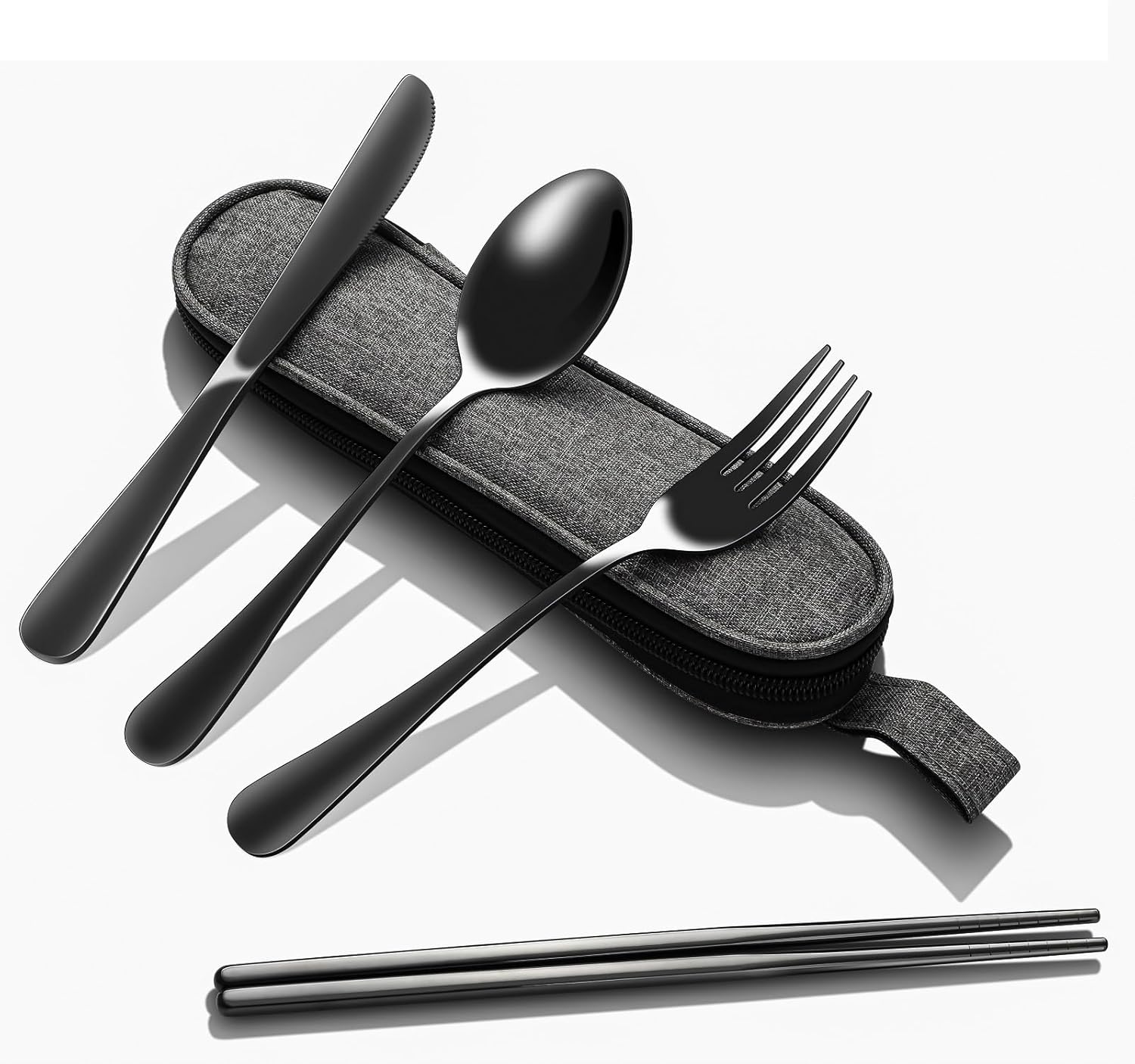 Portable Stainless Steel Flatware Set with Case - 5-Piece Travel Silverware Including Knife, Fork, Spoon, Chopsticks - Reusable Utensils for Lunch, Camping - Lightweight and Easy to Clean - Black