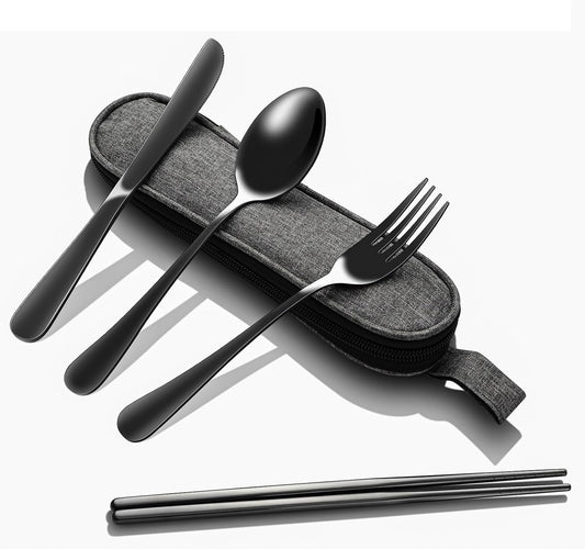 Portable Stainless Steel Flatware Set with Case - 5-Piece Travel Silverware Including Knife, Fork, Spoon, Chopsticks - Reusable Utensils for Lunch, Camping - Lightweight and Easy to Clean - Black