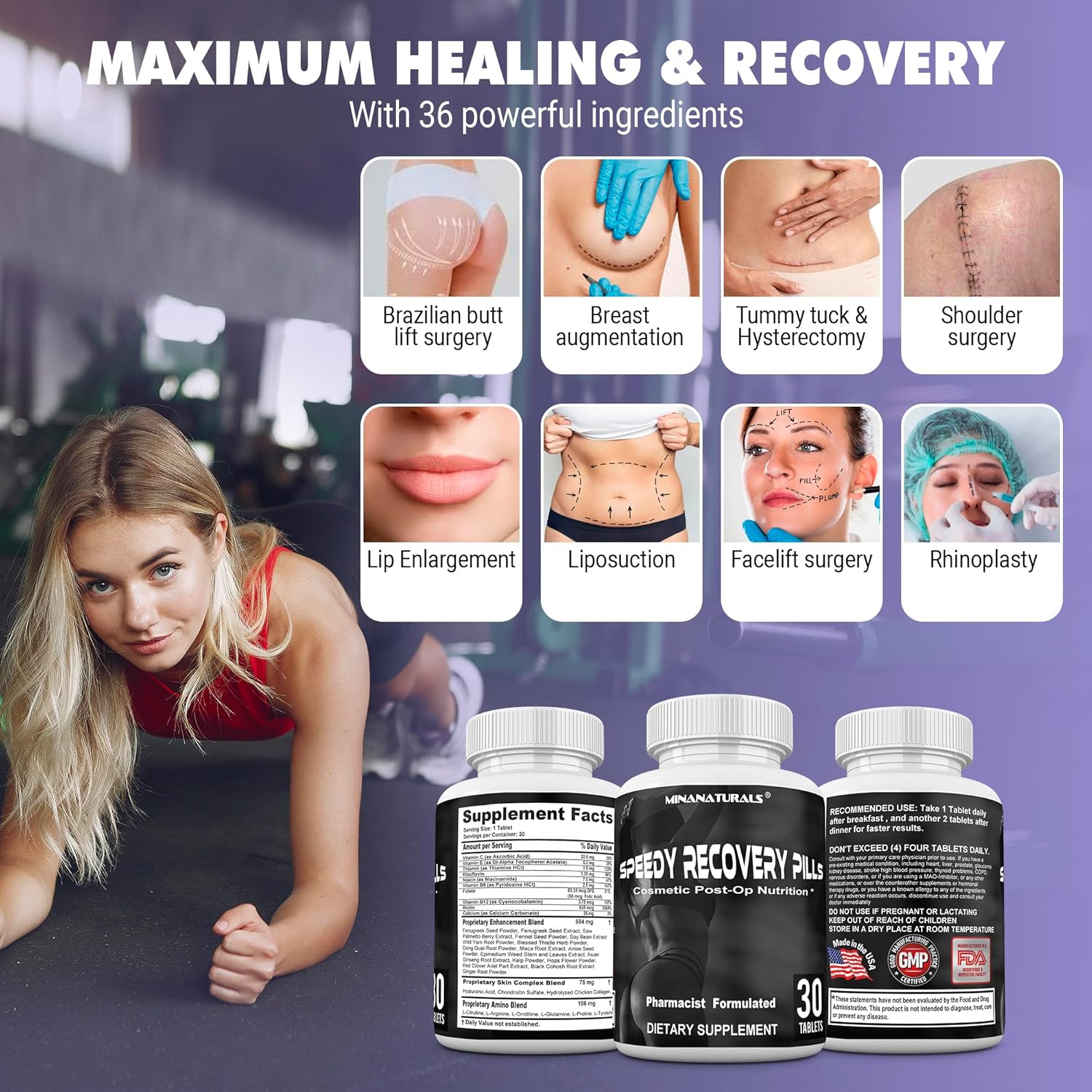 Post-Op Recovery Supplement for Speedy Healing. Scar Support Pills with Collagen Boost. Ideal for Cosmetic Surgery Recovery. 30 Tablets.