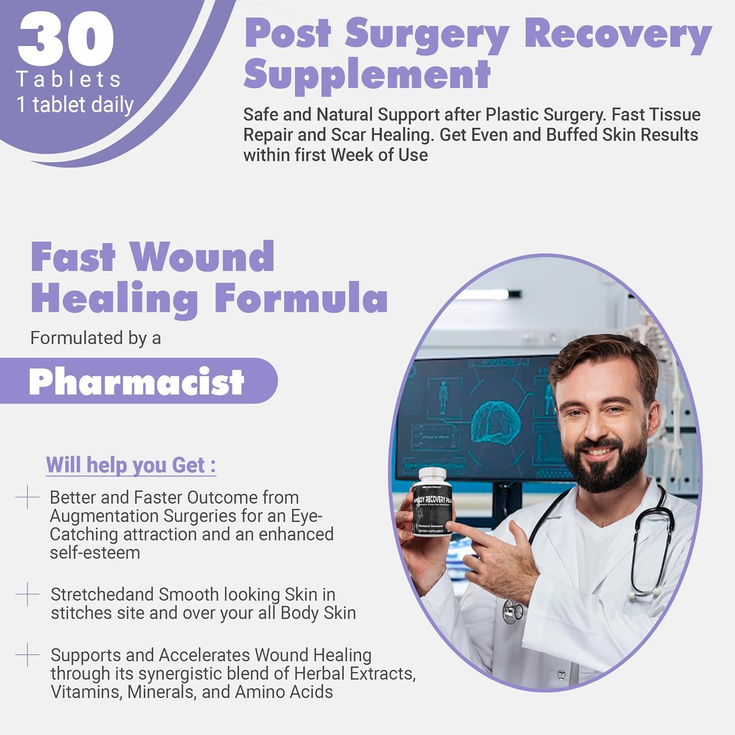 Post-Op Recovery Supplement for Speedy Healing. Scar Support Pills with Collagen Boost. Ideal for Cosmetic Surgery Recovery. 30 Tablets.
