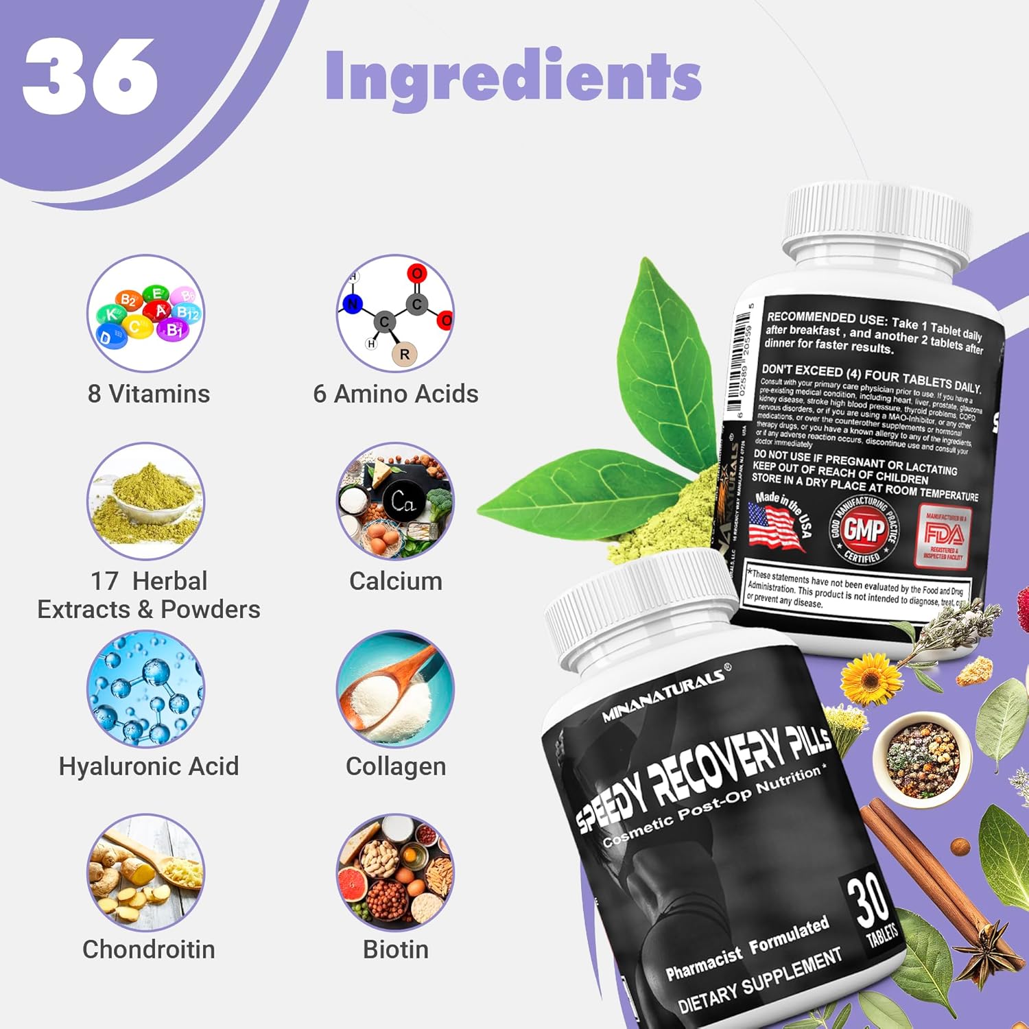 Post-Op Recovery Supplement for Speedy Healing. Scar Support Pills with Collagen Boost. Ideal for Cosmetic Surgery Recovery. 30 Tablets.