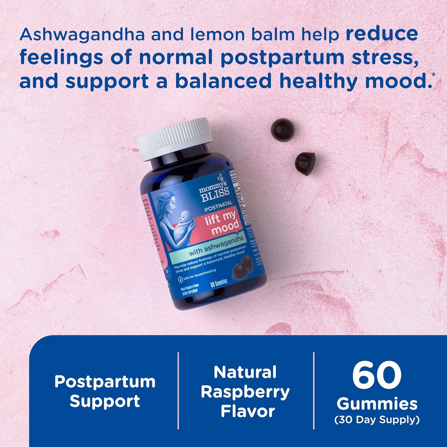 Postnatal Support Ashwagandha Gummies - Reduce Stress, Support Healthy Mood - Vegan Raspberry - 60 ct