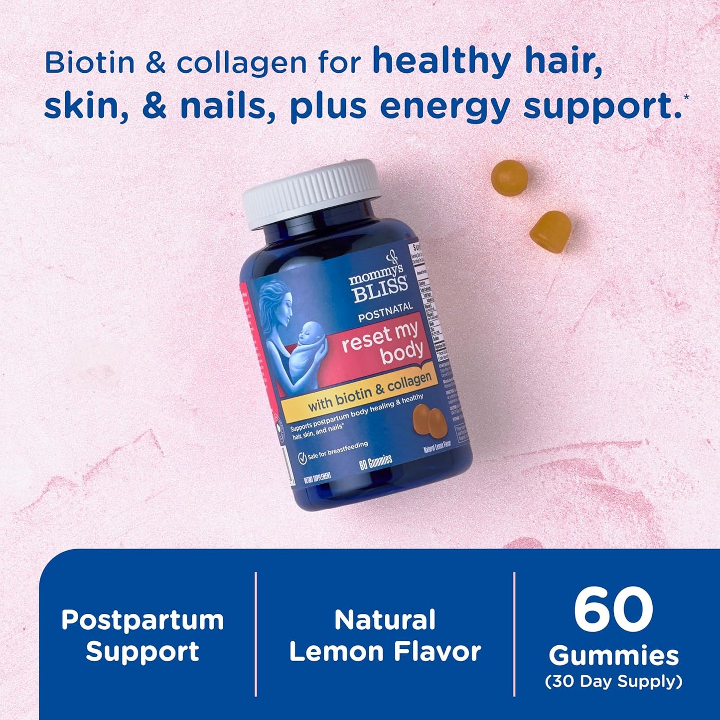 Postnatal Support Gummies with Biotin & Collagen for Postpartum Energy & Joint Health, Hair, Skin & Nails - Gluten Free - 60 Gummies