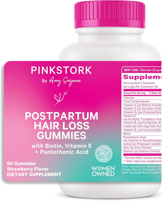 Postpartum Hair Loss Gummies with Biotin, Vitamin E, Pantothenic Acid, B6 & B12 - Strong Hair, Skin, Nails - New Mom Essentials - 60 Gummies
