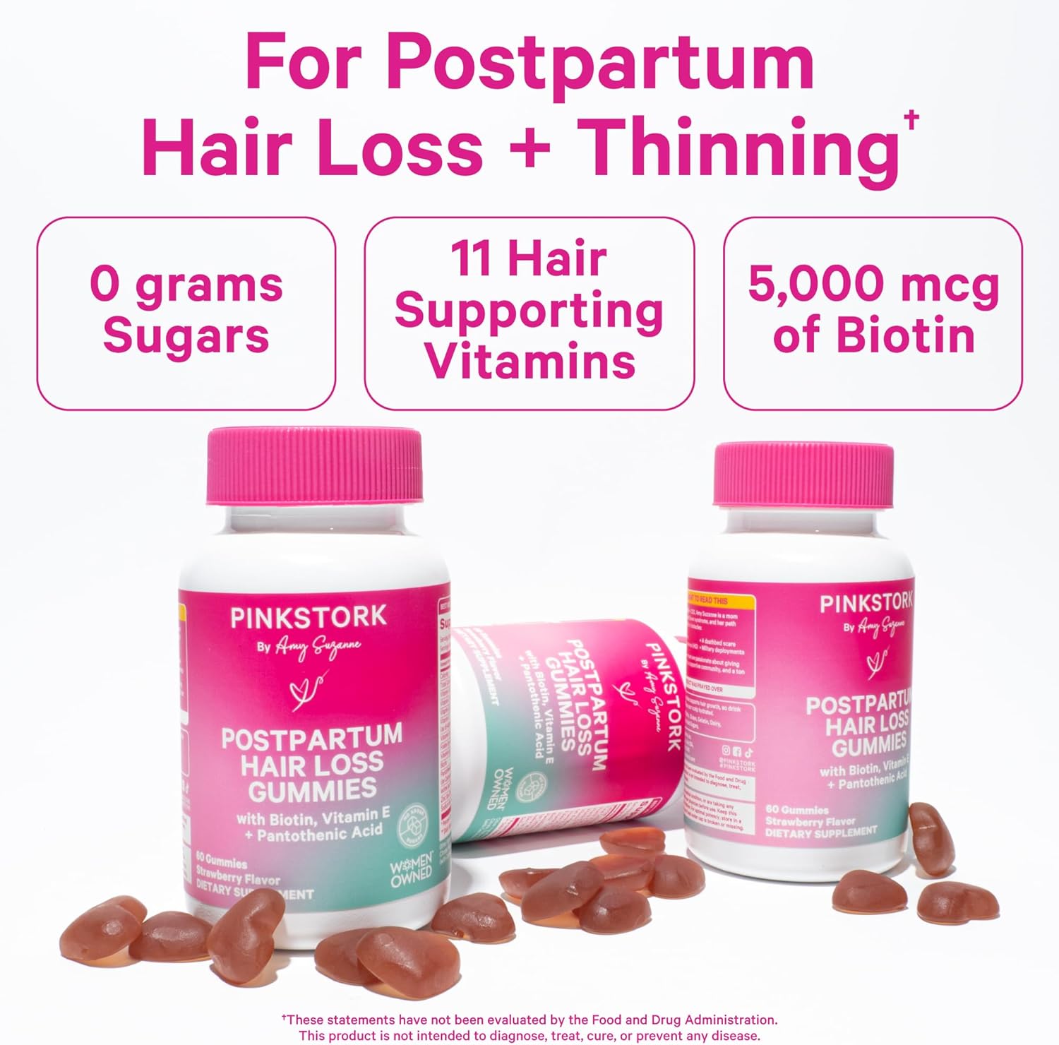 Postpartum Hair Loss Gummies with Biotin, Vitamin E, Pantothenic Acid, B6 & B12 - Strong Hair, Skin, Nails - New Mom Essentials - 60 Gummies