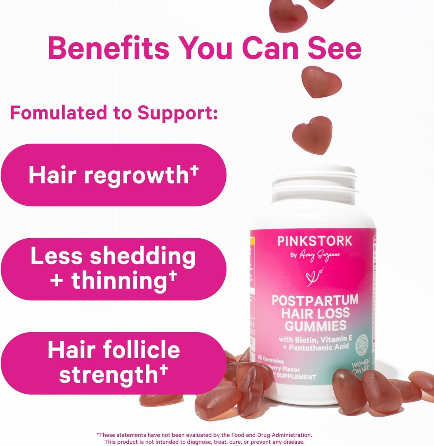 Postpartum Hair Loss Gummies with Biotin, Vitamin E, Pantothenic Acid, B6 & B12 - Strong Hair, Skin, Nails - New Mom Essentials - 60 Gummies