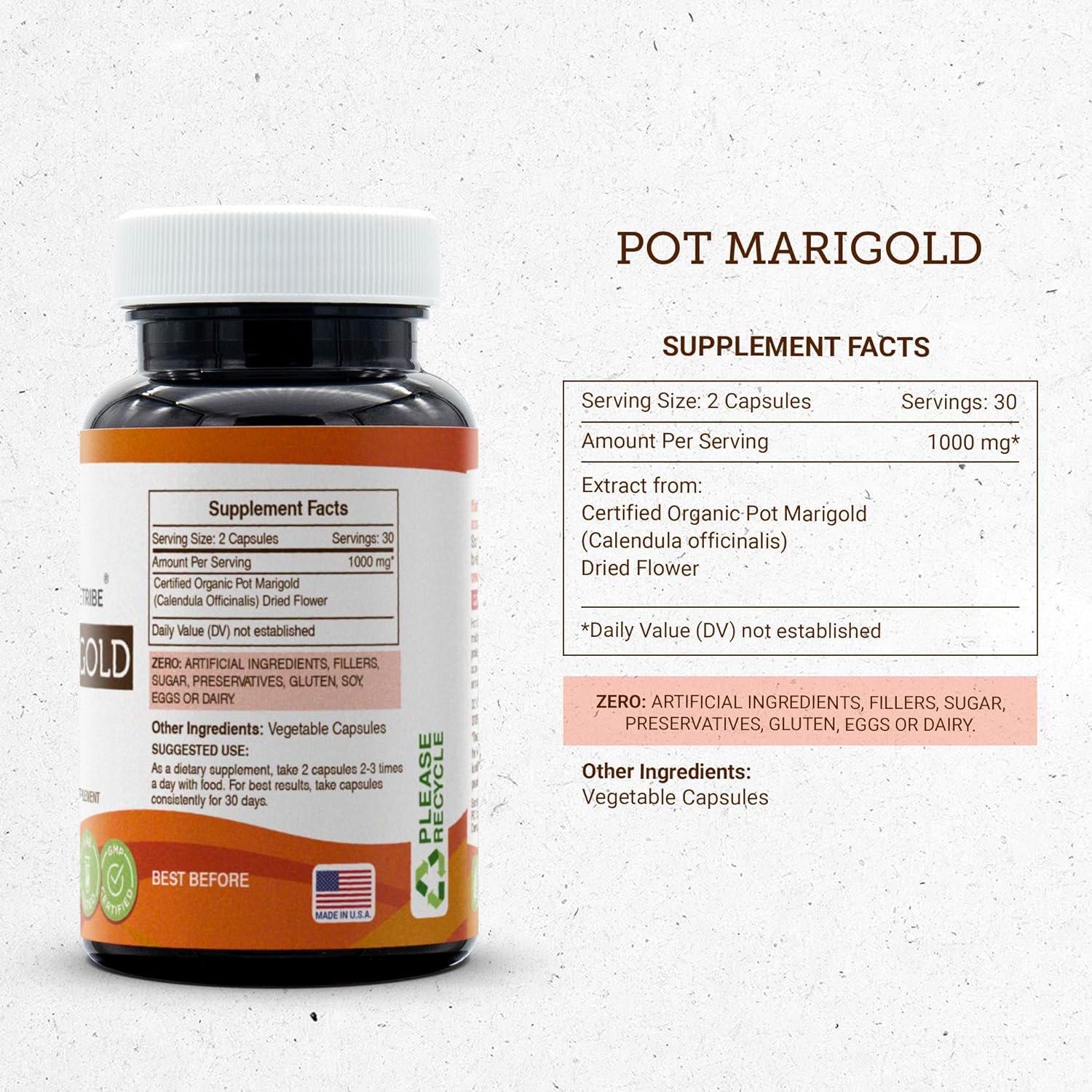 Pot Marigold (Calendula Officinalis) 1000mg Dried Flower Capsules - Secrets of the Tribe